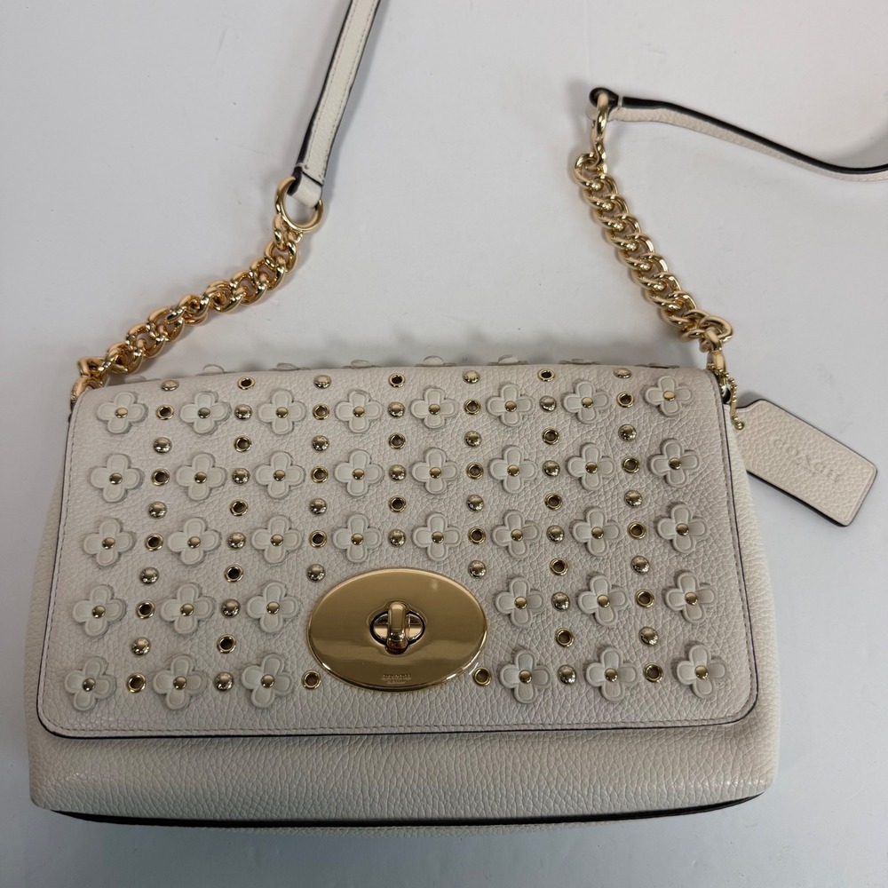 Coach Crosstown Crossbody Floral Rivets Chalk Leather Studded Flower Bag